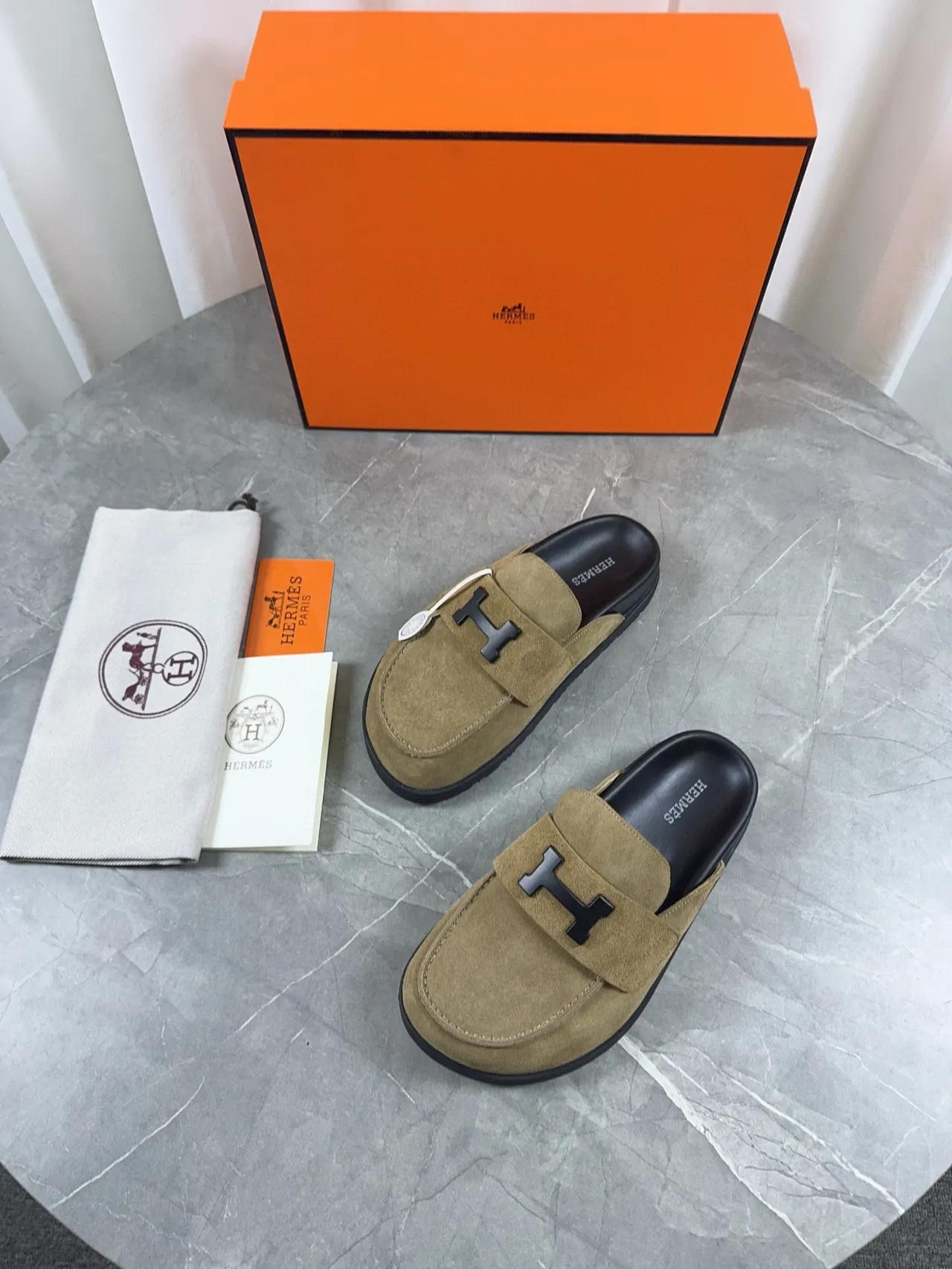Hermès Oran Beige Black Suede Upper H-Buckle Strap Loafer 3