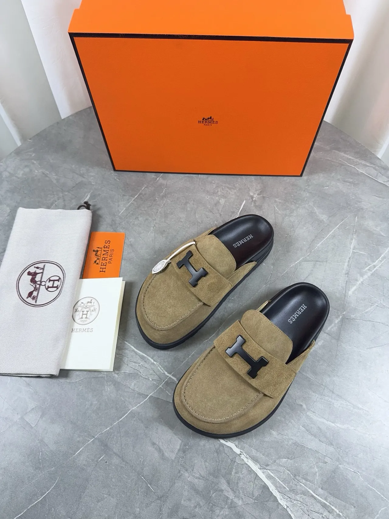 Hermès Oran Beige Black Suede Upper H-Buckle Strap Loafer 4