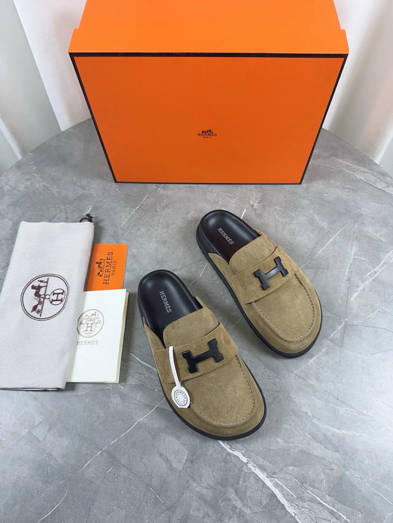 Hermès Oran Beige Black Suede Upper H-Buckle Strap Loafer 5