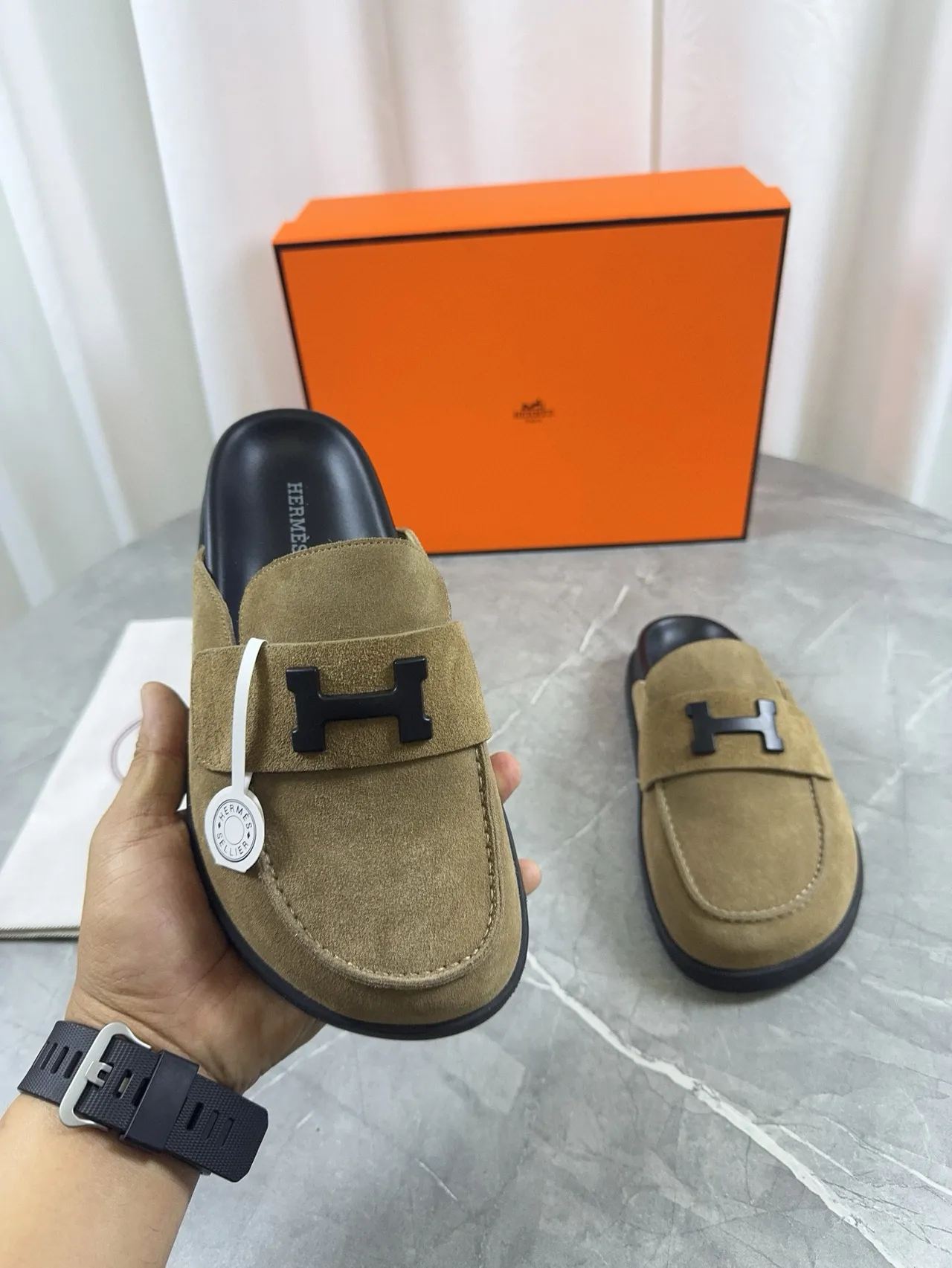 Hermès Oran Beige Black Suede Upper H-Buckle Strap Loafer 6