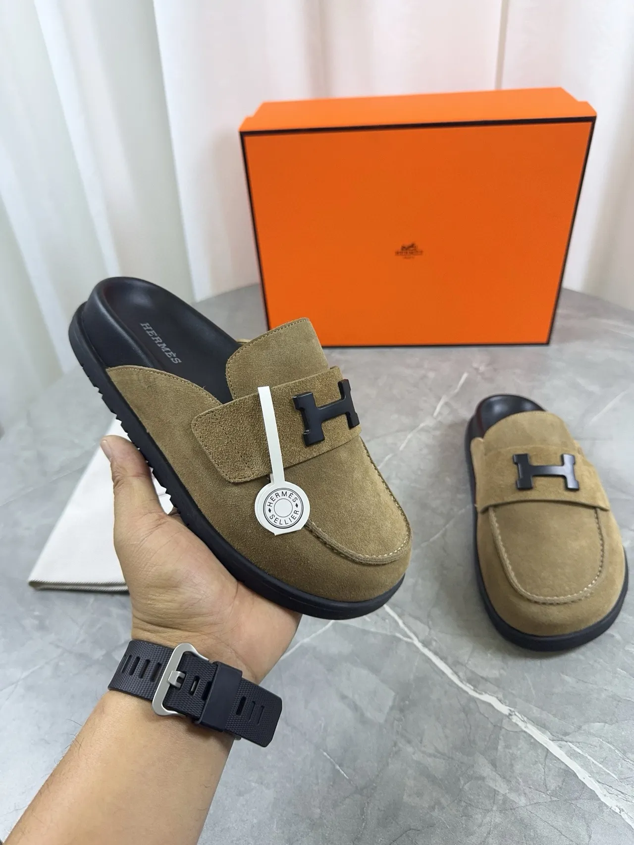 Hermès Oran Beige Black Suede Upper H-Buckle Strap Loafer 7