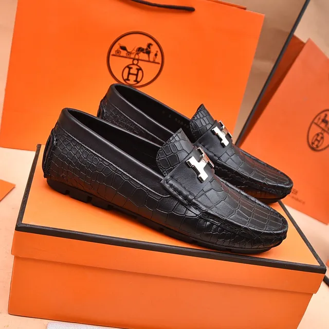Hermès Oran Black Crocodile-Embossed Leather H-Buckle Loafers 8