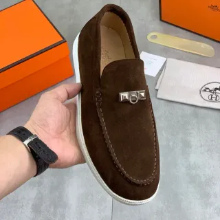 Hermès Oran Brown White Suede Upper Rubber Sole Loafer