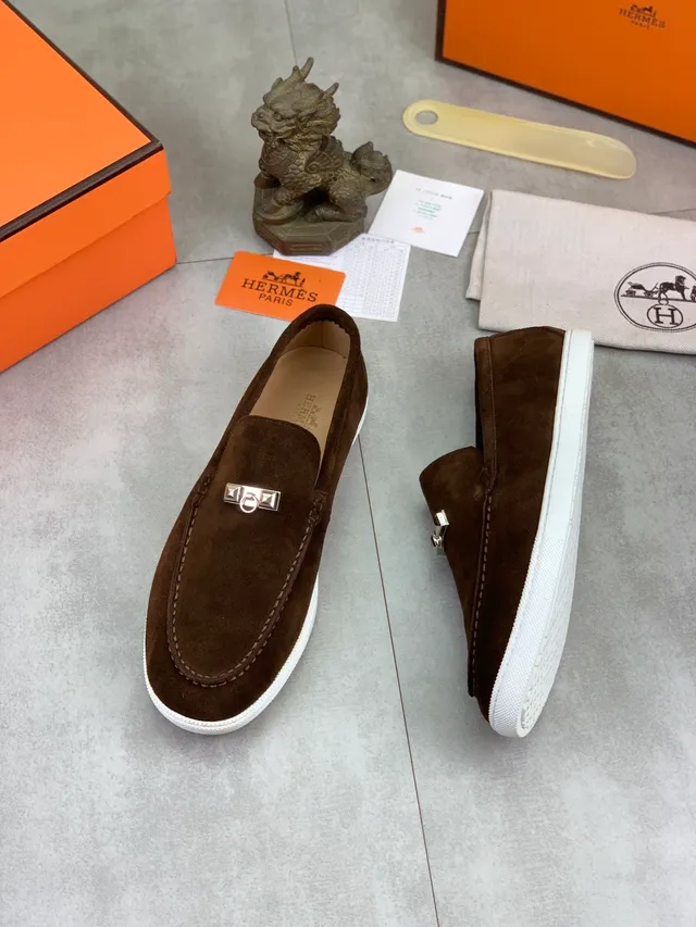 Hermès Oran বাদামি সাদা সুয়েড উপরের রাবার একল লোফার 5