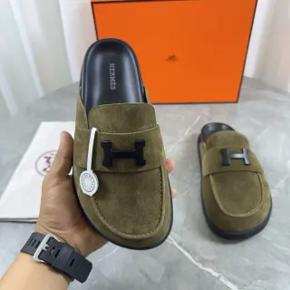 Hermès Oran Loafer Olive Green Suede H-Buckle Slip-On Loafer
