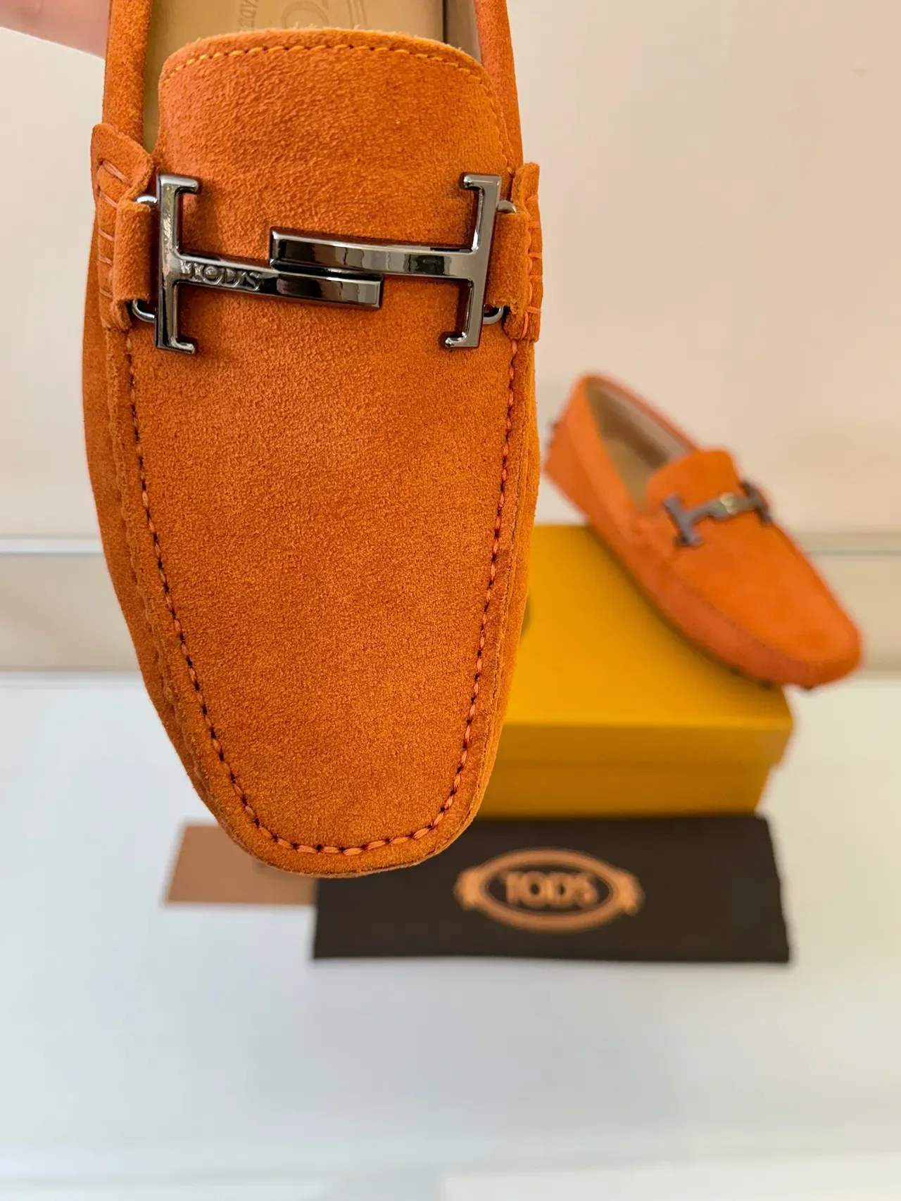 Hermès Oran Mocassins Laranja Camurça H-Bit 3