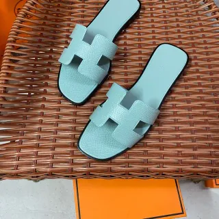 Hermès Oran Mint Blue H-Strap Flat Slippers
