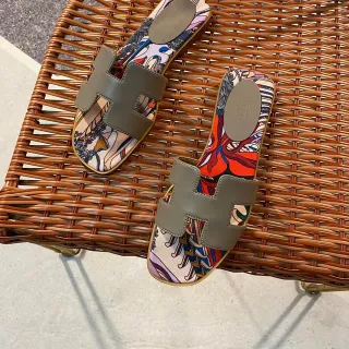 Hermès Oran Printed Textile Olive Green Slippers