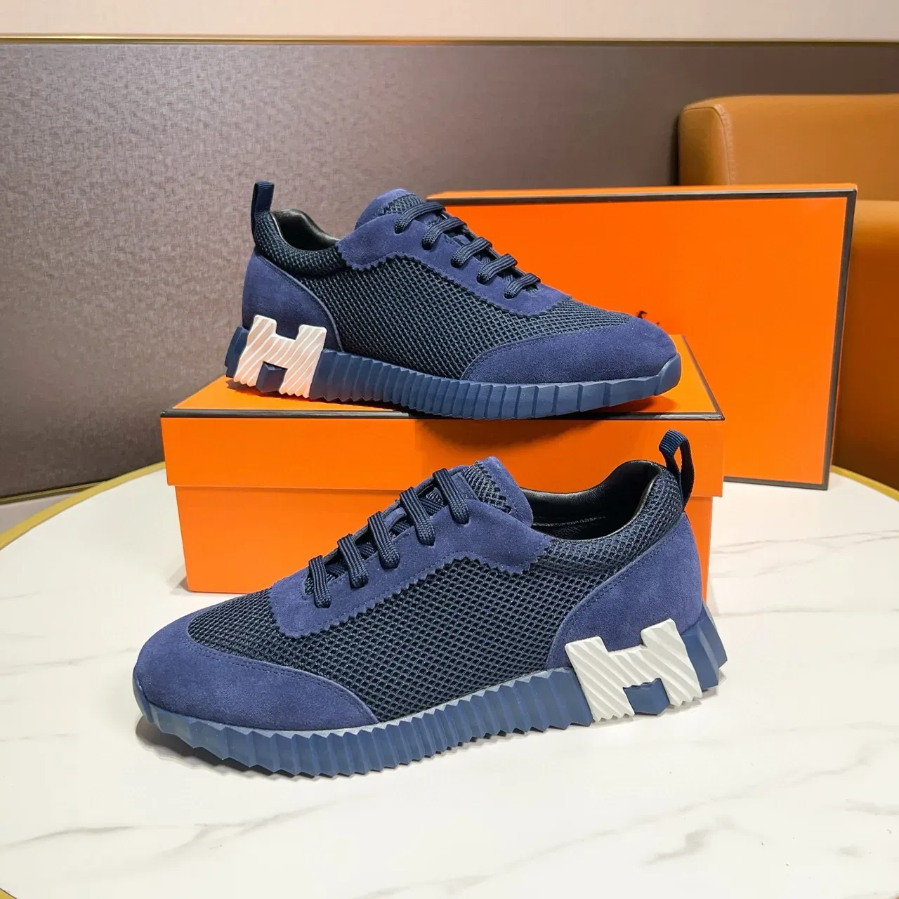 Hermès Oran Sneaker Chaussures Lifestyle Bleu Marine Daim et Maille 4