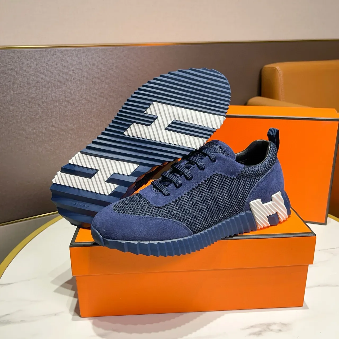 Hermès Oran Sneaker Chaussures Lifestyle Bleu Marine Daim et Maille 6
