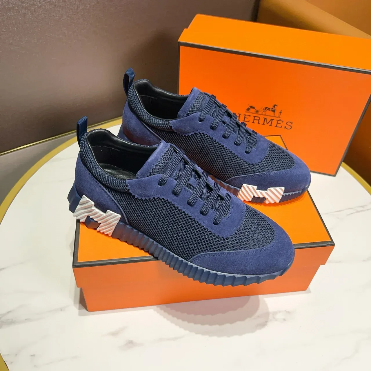 Hermès Oran Sneaker Chaussures Lifestyle Bleu Marine Daim et Maille 7