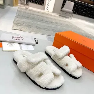 Hermès Oran White Black Shearling-Lined Double-Strap Slippers