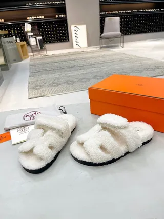 Hermès Oran White Black Shearling-Lined Double-Strap Slippers 3