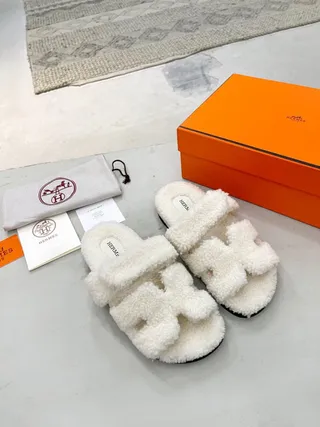 Hermès Oran White Black Shearling-Lined Double-Strap Slippers 6