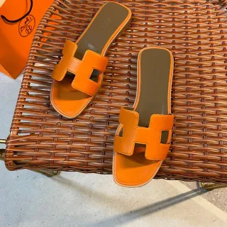Hermès Orange Brown H-Shaped Strap Flat Sole Slippers