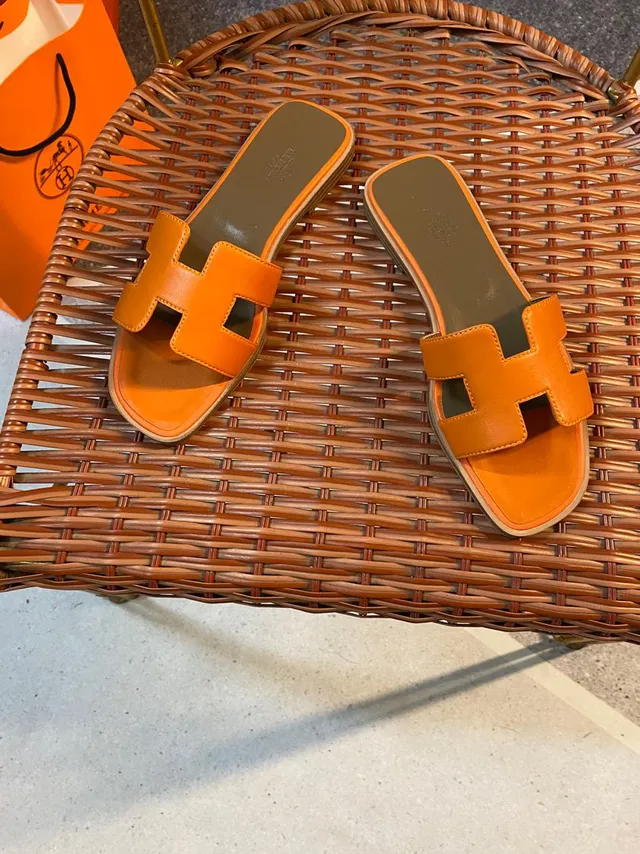 Hermès Orange Brown H-Shaped Strap Flat Sole Slippers 2