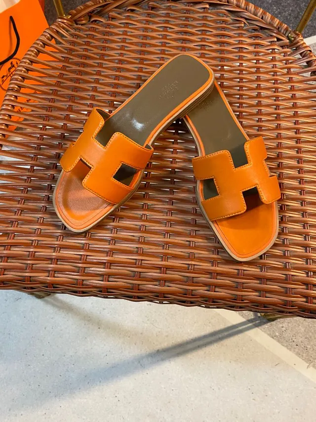 Hermès Orange Brown H-Shaped Strap Flat Sole Slippers 4