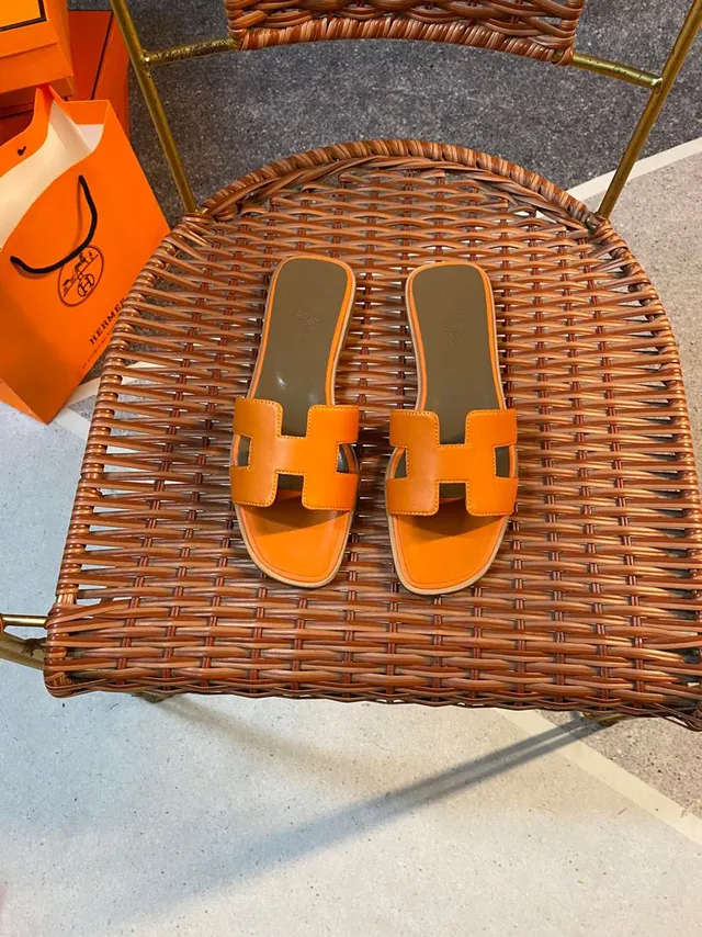 Hermès Orange Brown H-Shaped Strap Flat Sole Slippers 5
