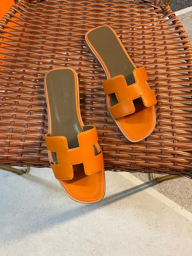 Hermès Orange Brown H-Shaped Strap Flat Sole Slippers 6