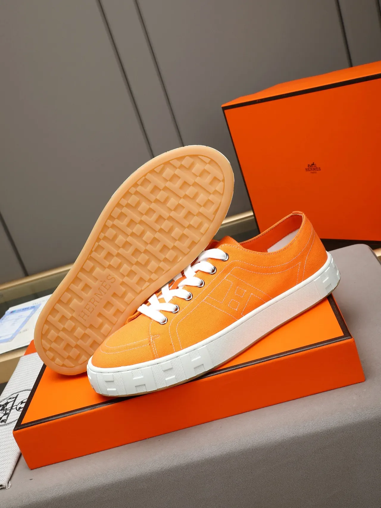 Hermès Orange Canvas H-Motif Low-Top Sneakers 4