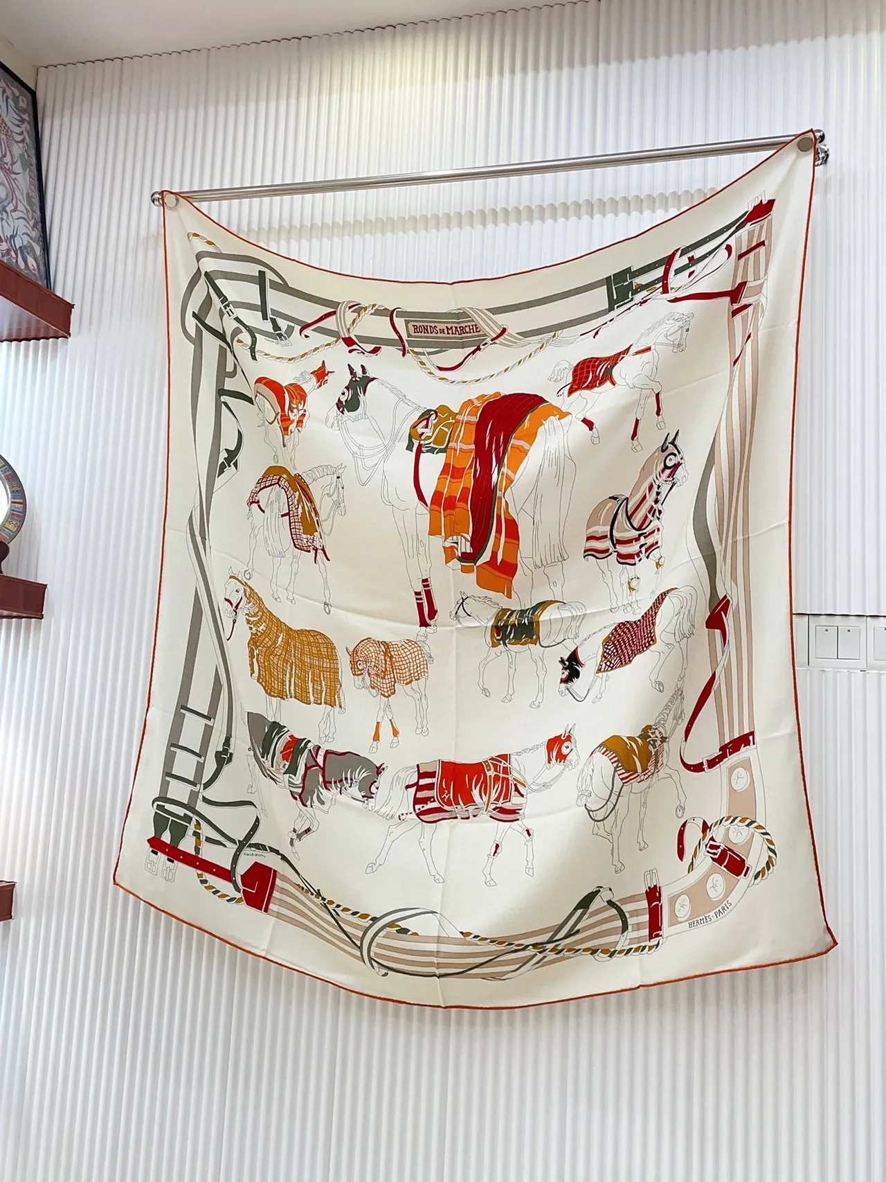 Hermès Printed Equestrian Motif Orange-Bordered Silk Scarf 4