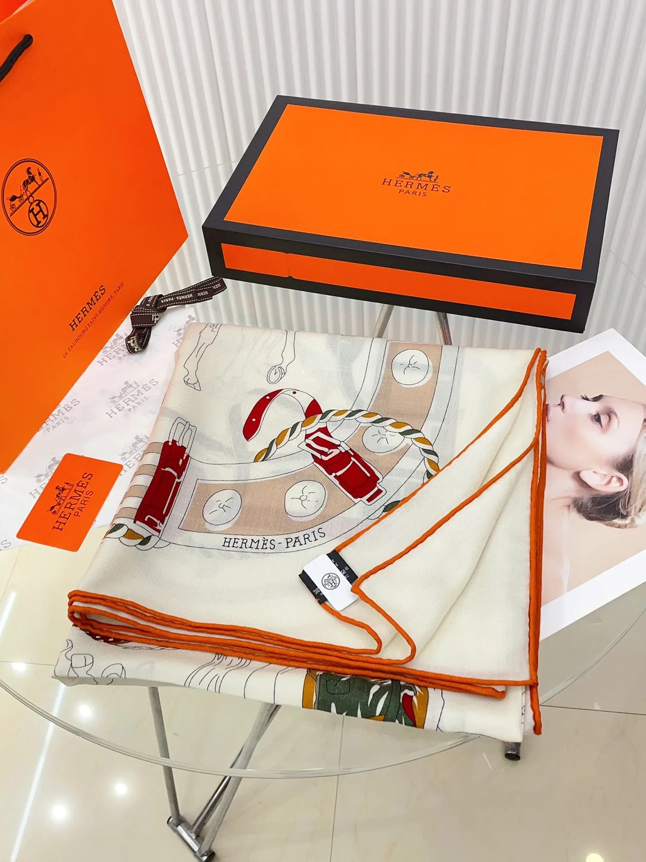 Hermès Printed Equestrian Motif Orange-Bordered Silk Scarf 5