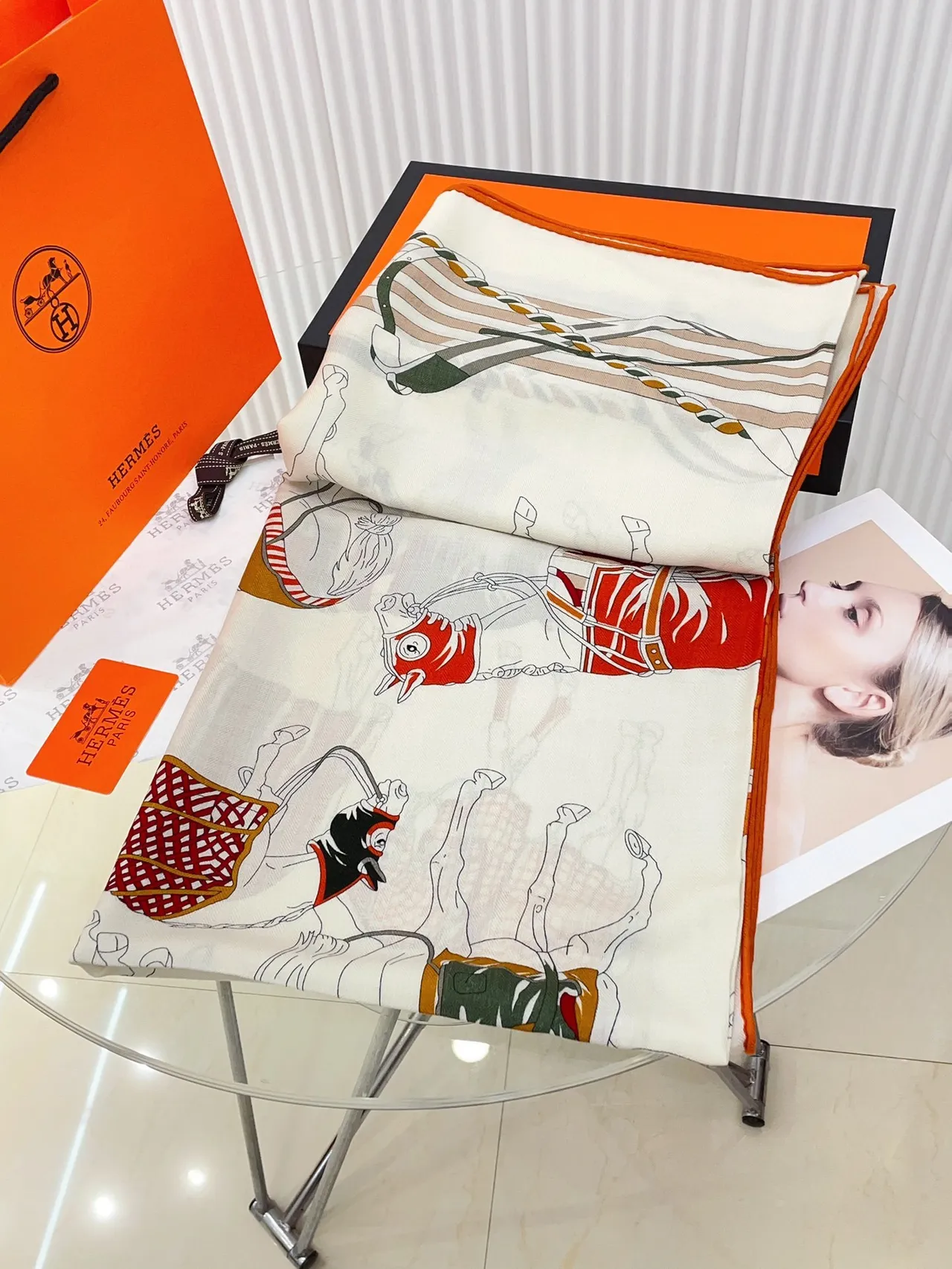 Hermès Printed Equestrian Motif Orange-Bordered Silk Scarf 6