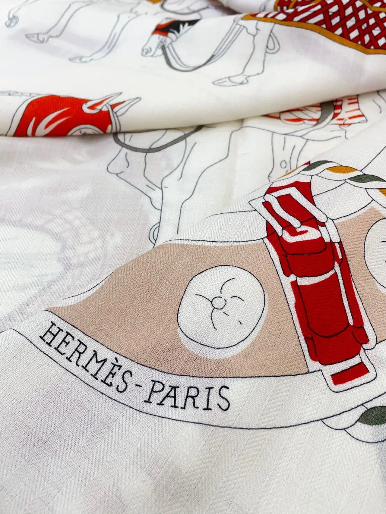 Hermès Printed Equestrian Motif Orange-Bordered Silk Scarf 9