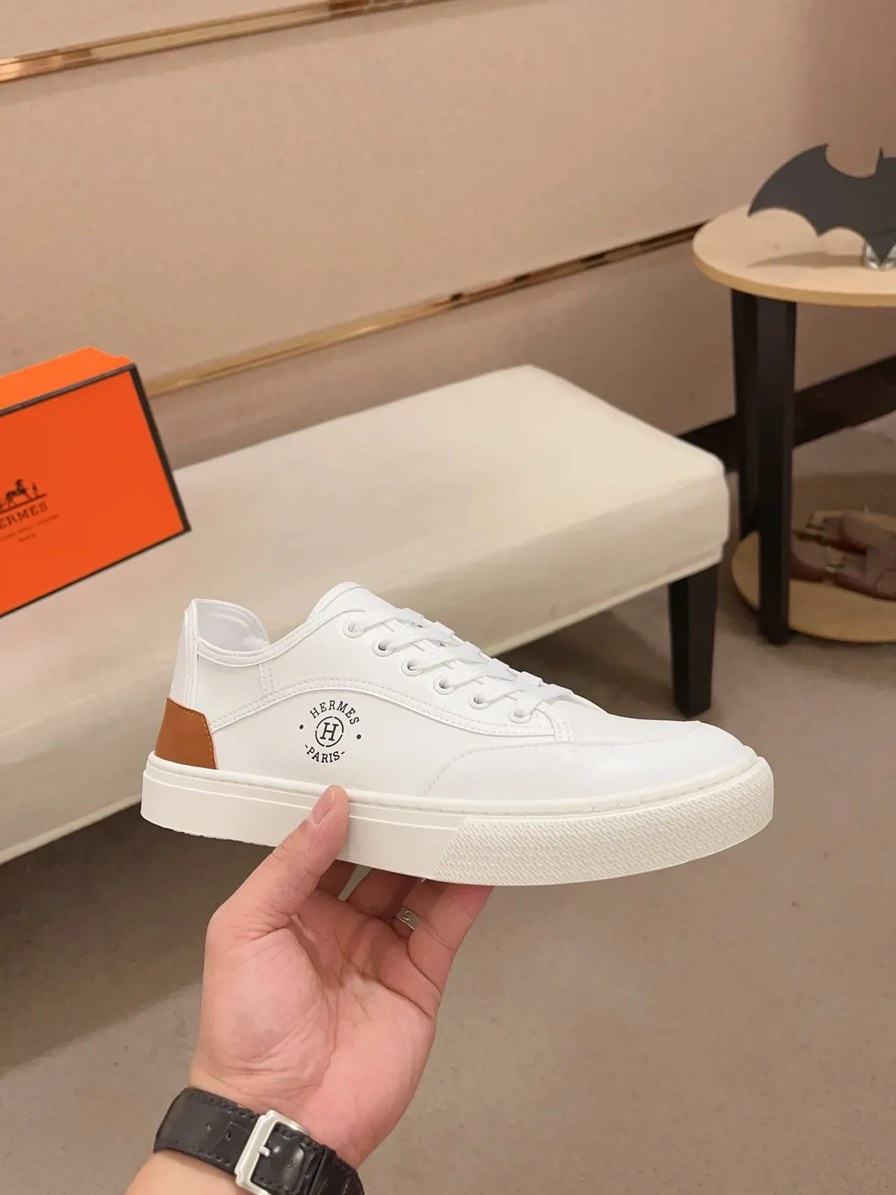 Hermès White and Tan Leather Low-Top Lifestyle Sneaker 4