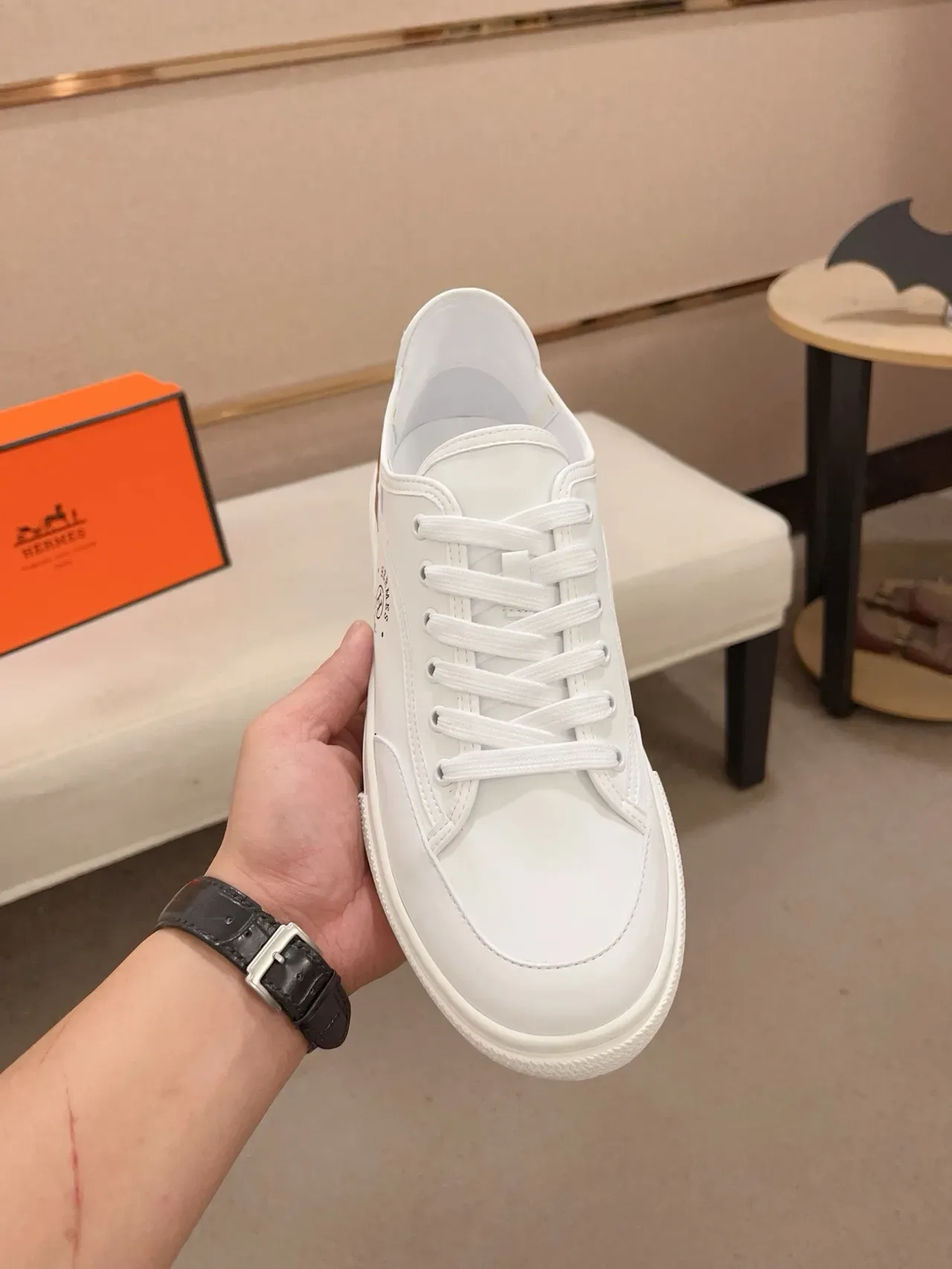 Hermès White and Tan Leather Low-Top Lifestyle Sneaker 5