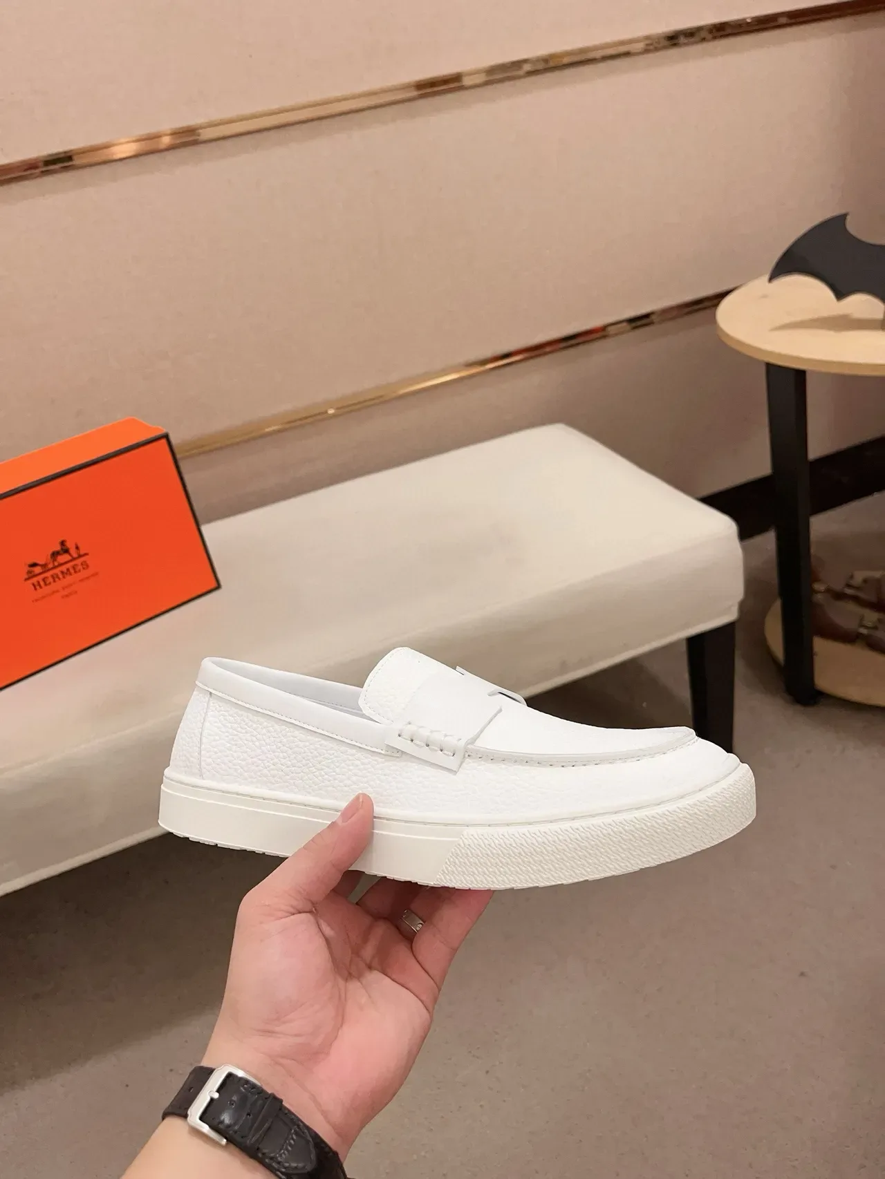 Hermès White Pebbled Leather Strap Loafer 4