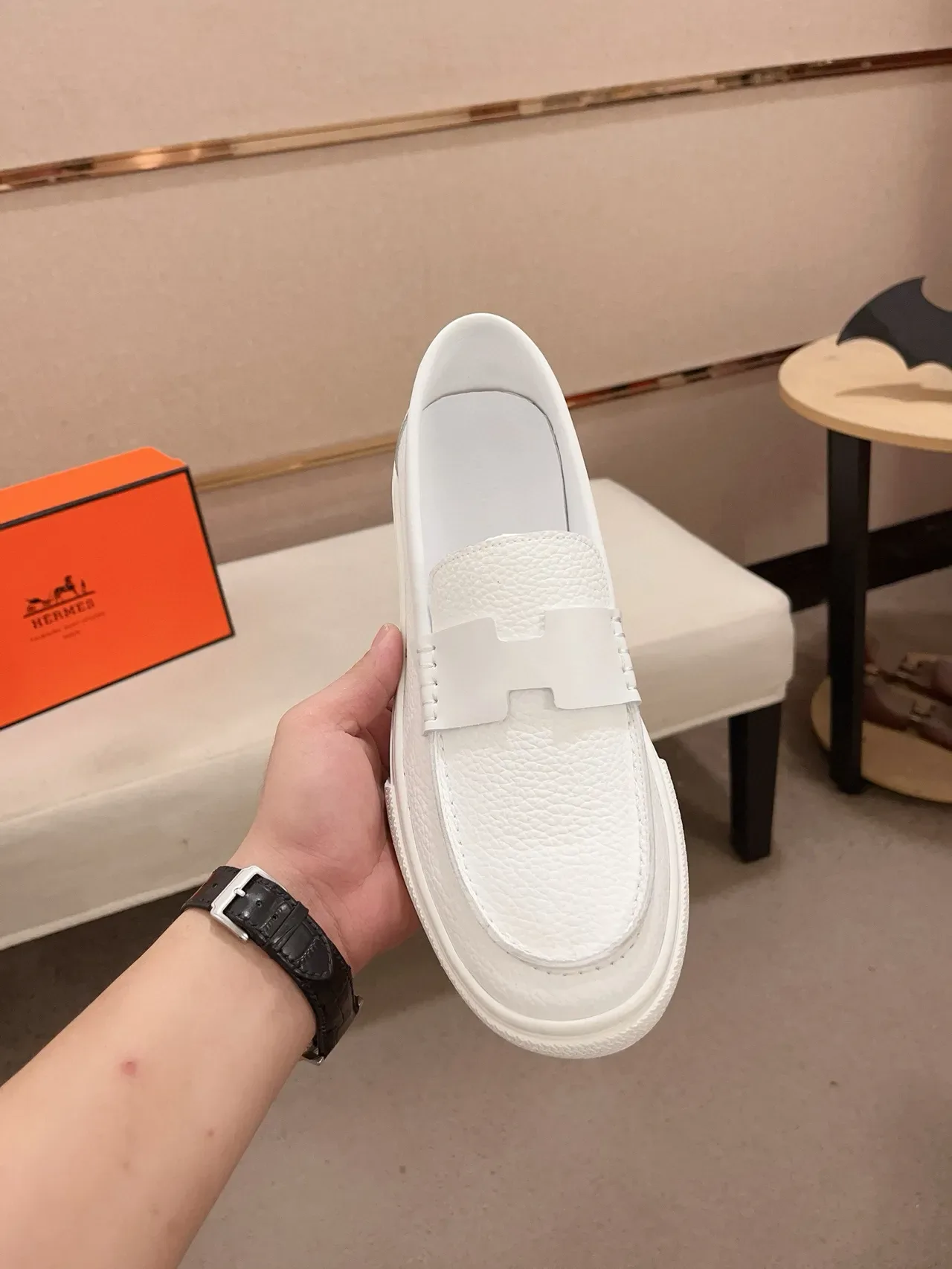 Hermès White Pebbled Leather Strap Loafer 5