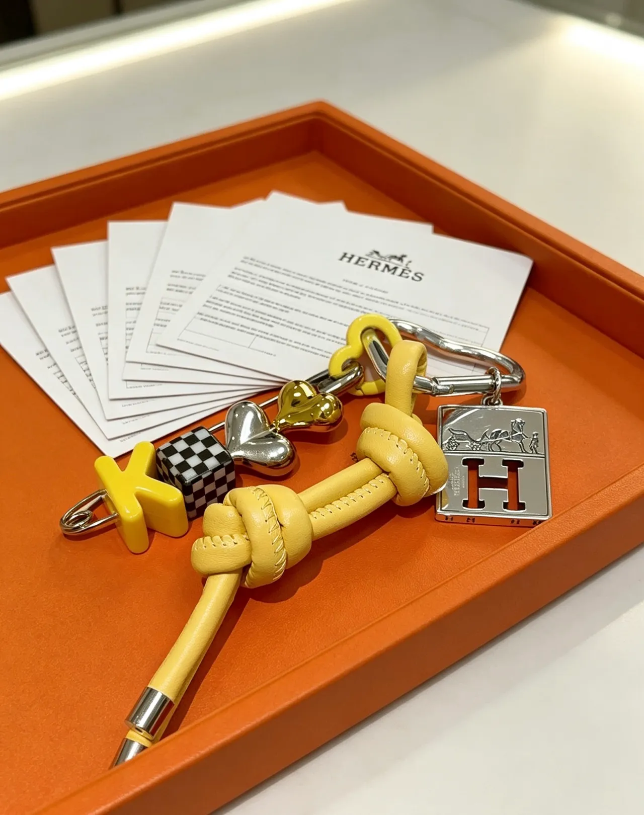 Hermès Yellow Silver Knot-Tied Leather Cord Multi-Charm Assembly Bracelet 6