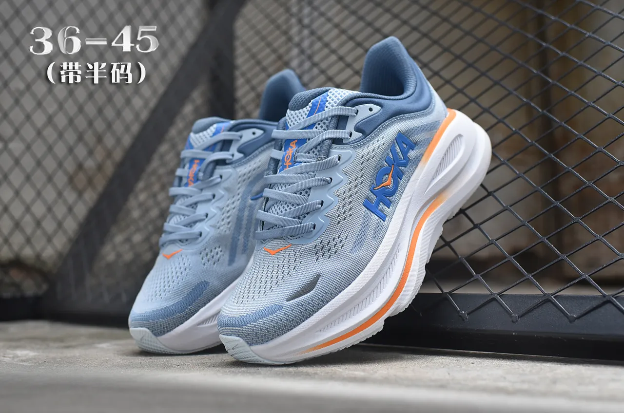 Hoka Azul Marinho Malla Engenhada Superior Solado Médio Branco Grosso Tênis de Corrida 5