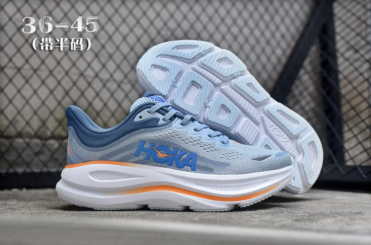 Hoka Azul Marinho Malla Engenhada Superior Solado Médio Branco Grosso Tênis de Corrida 7