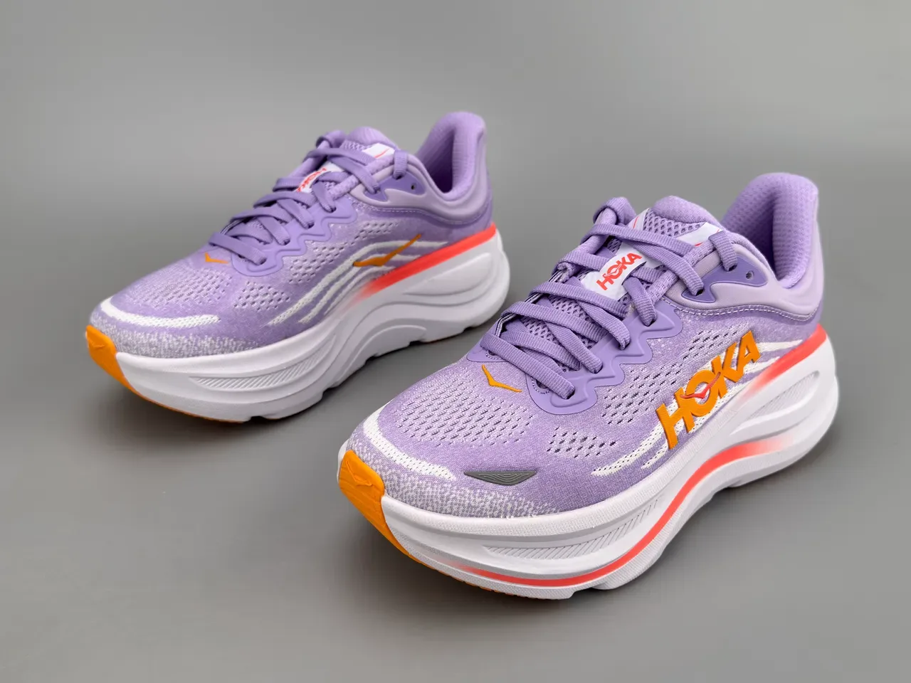 Hoka Purple Orange Engineered Knit Upper Thick Layered Midsole Running Shoes 5