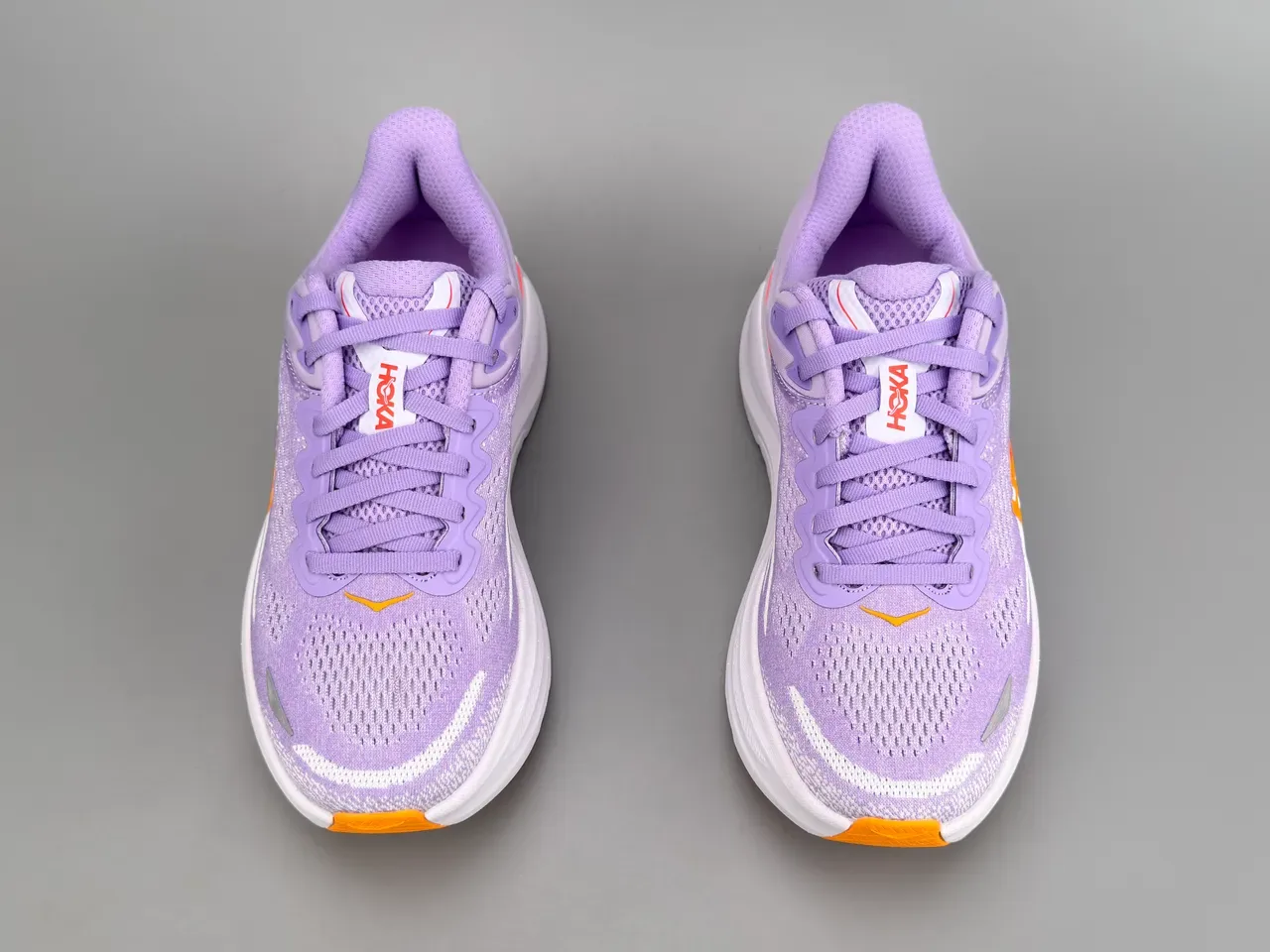 Hoka Purple Orange Engineered Knit Upper Thick Layered Midsole Running Shoes 9