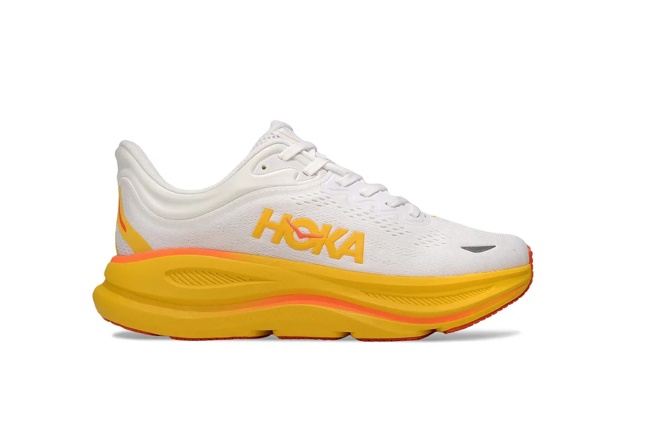 Hoka White Yellow Engineered Knit Upper Thick Cushioned Midsole Running Shoes 2