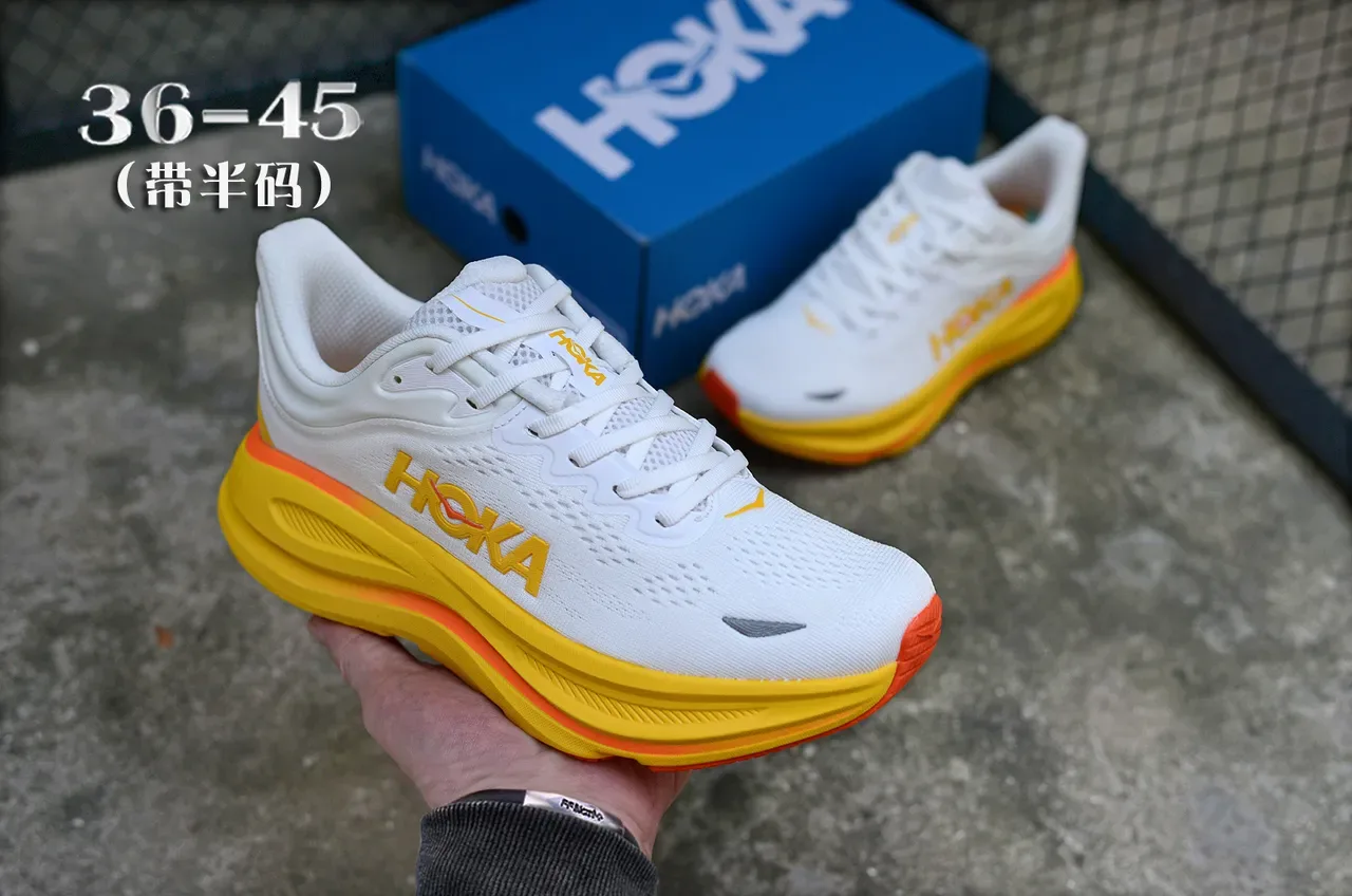 Hoka White Yellow Engineered Knit Upper Thick Cushioned Midsole Running Shoes 3