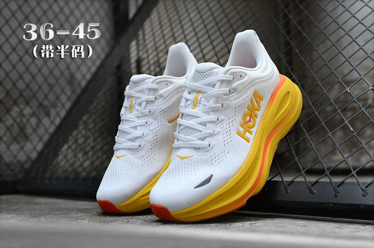 Hoka White Yellow Engineered Knit Upper Thick Cushioned Midsole Running Shoes 4