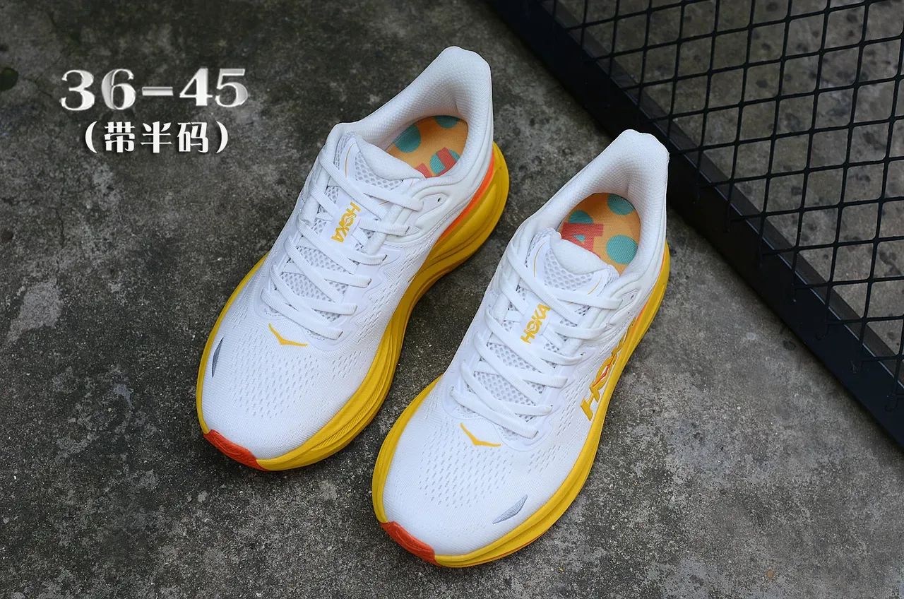 Hoka White Yellow Engineered Knit Upper Thick Cushioned Midsole Running Shoes 5