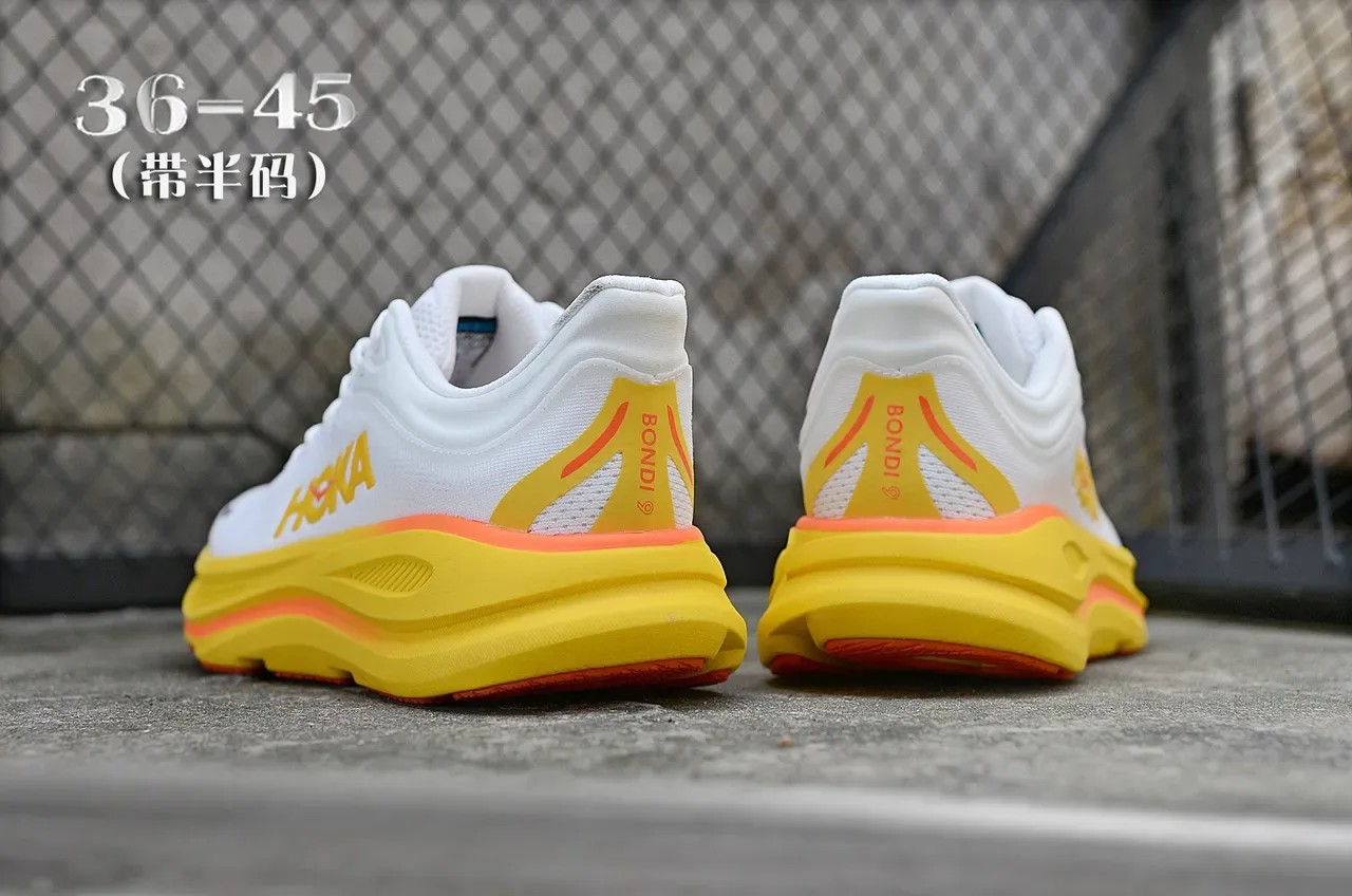Hoka White Yellow Engineered Knit Upper Thick Cushioned Midsole Running Shoes 6