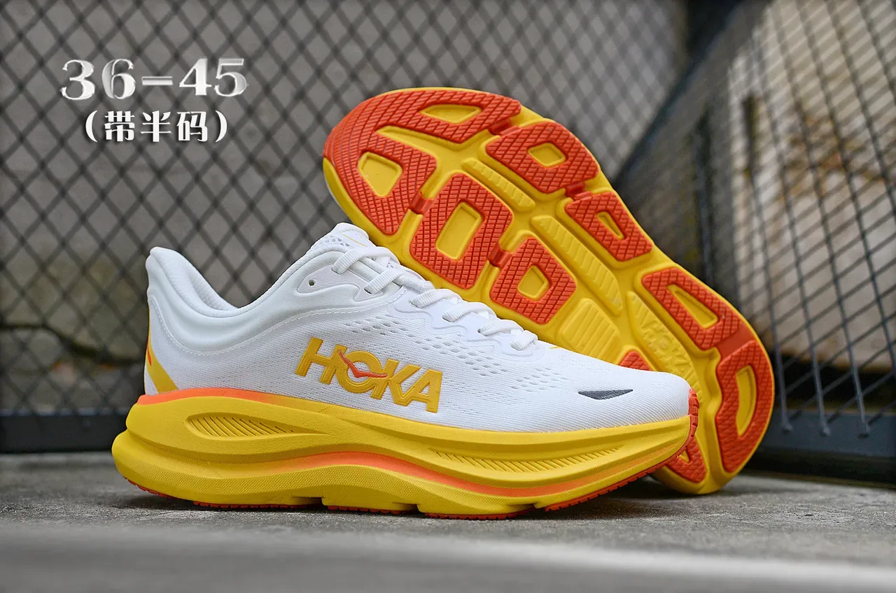 Hoka White Yellow Engineered Knit Upper Thick Cushioned Midsole Running Shoes 7