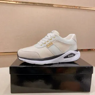 Hugo Boss Beige Black Mixed Textile And Synthetic Upper Gold-Tone Metal Eyelets Sneakers