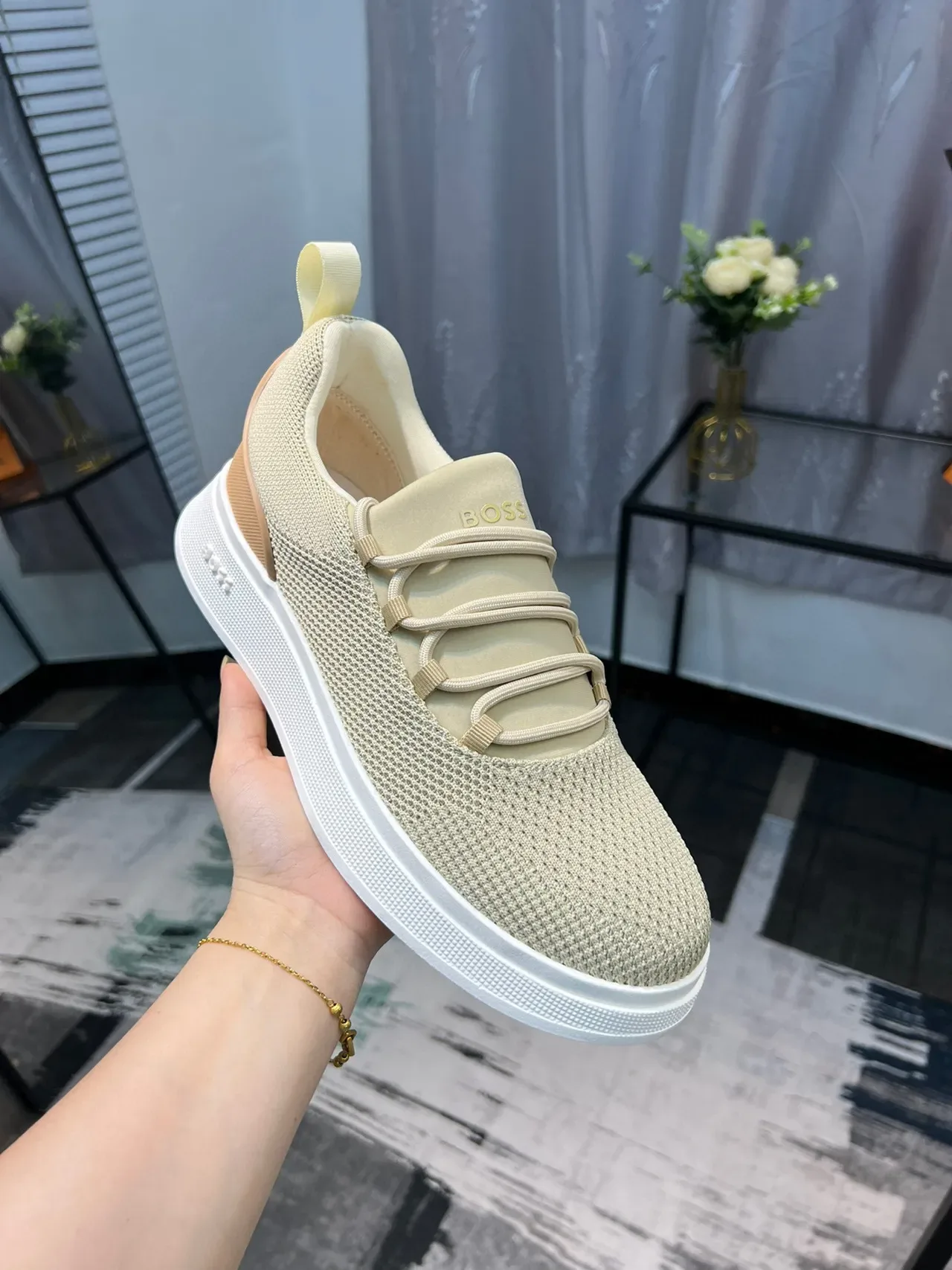 Hugo Boss Bege Marrom Parte Superior de Malha Fecho com Alça Elástica Tênis Lifestyle 7