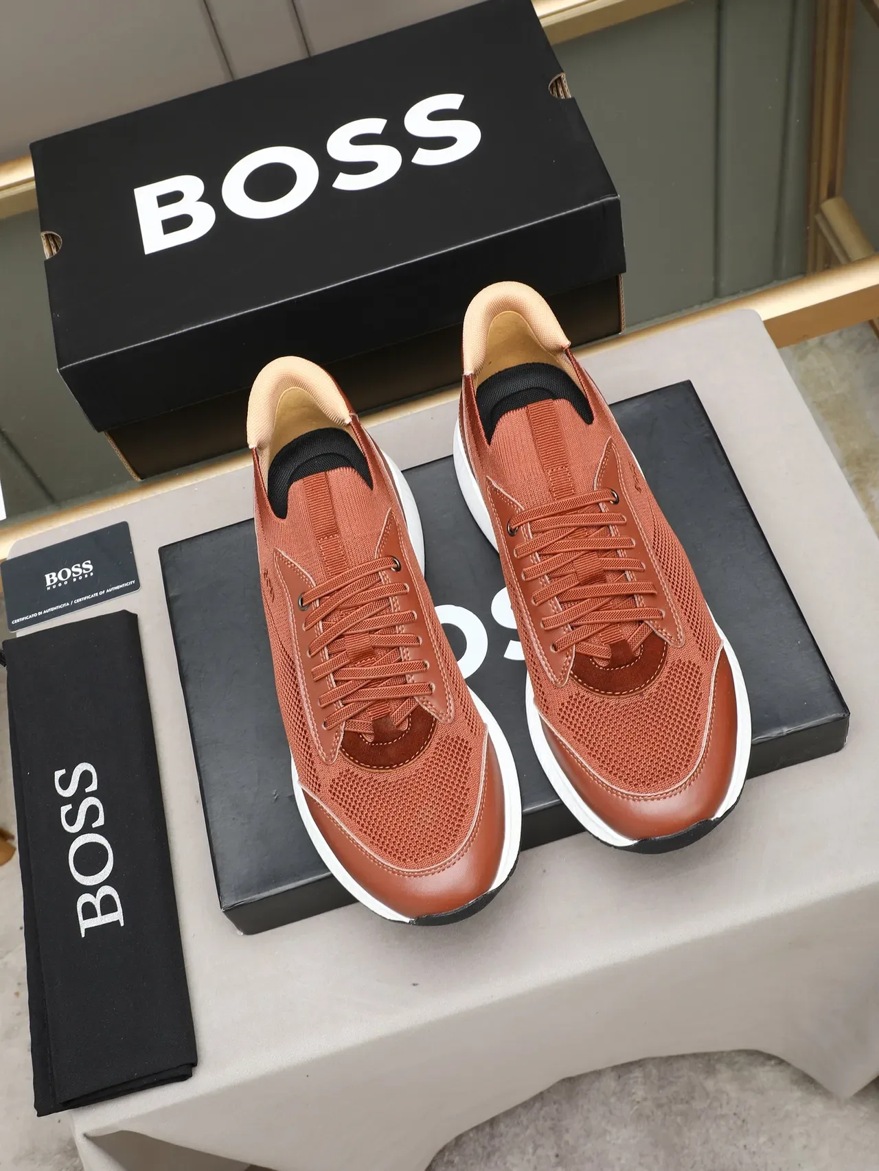 Hugo Boss Brown Knit and Leather Platform Sneaker 2