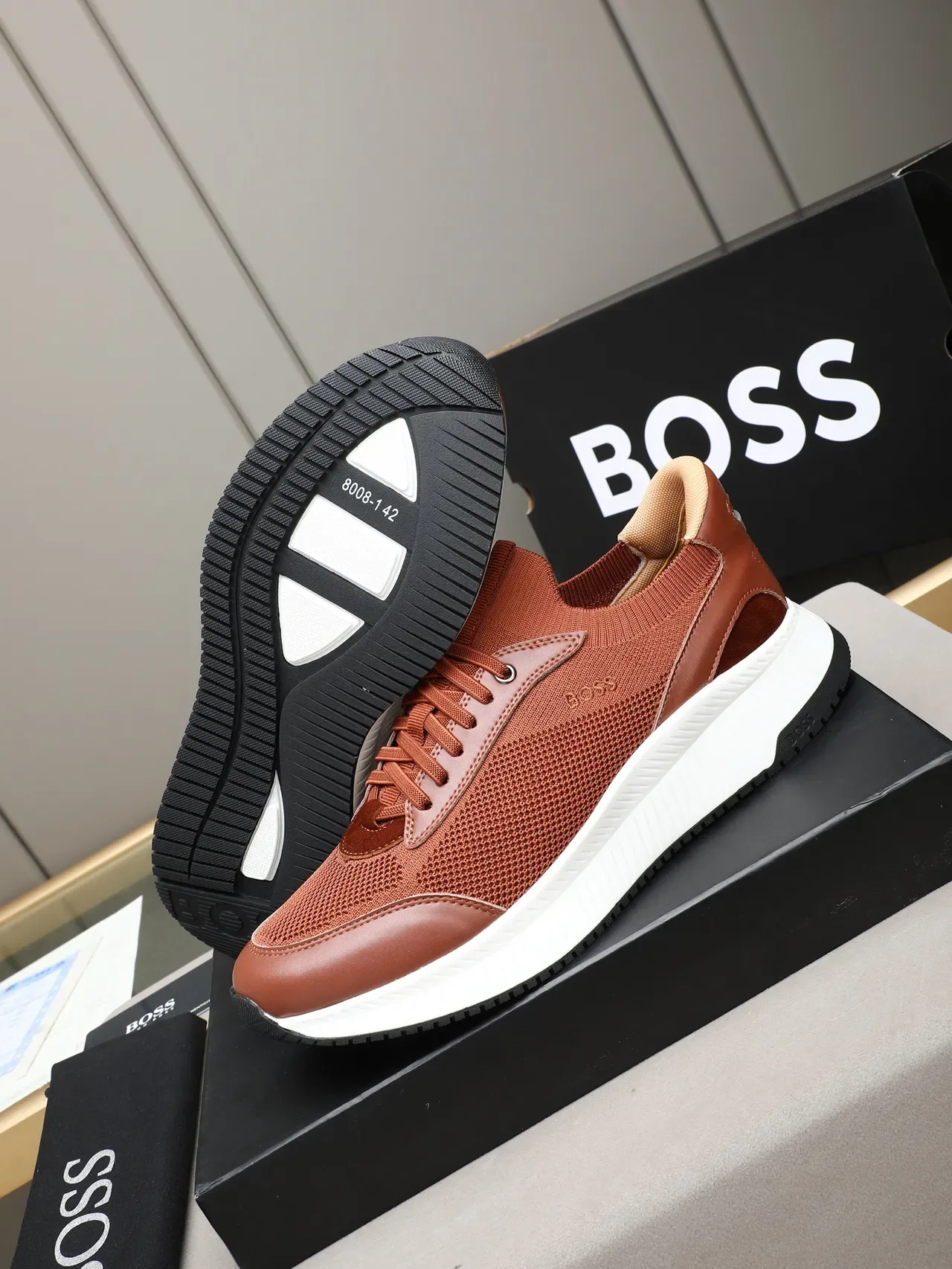Hugo Boss Brown Knit and Leather Platform Sneaker 4