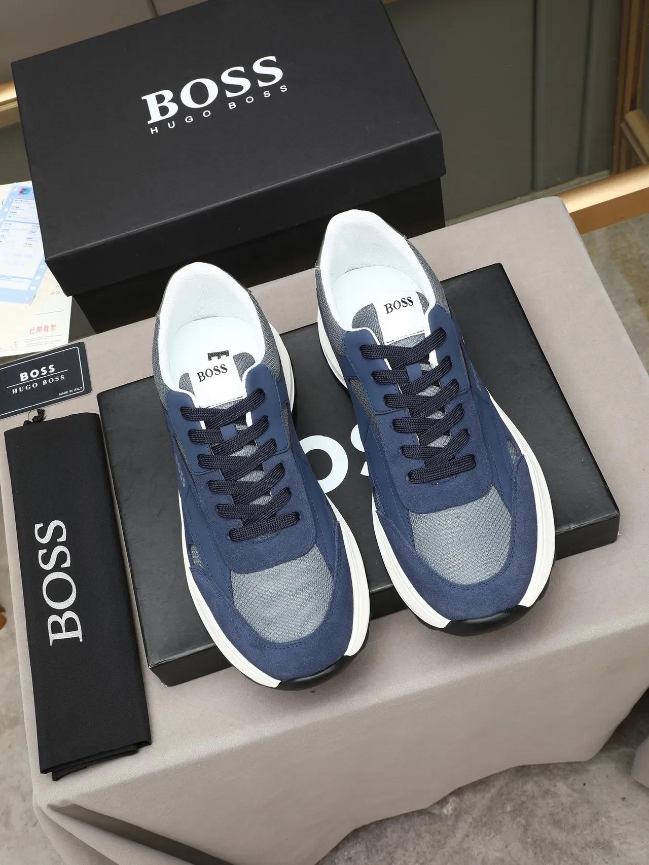 Hugo Boss Navy Silver Suede And Mesh Upper Contrast Heel Tab Sneakers 3