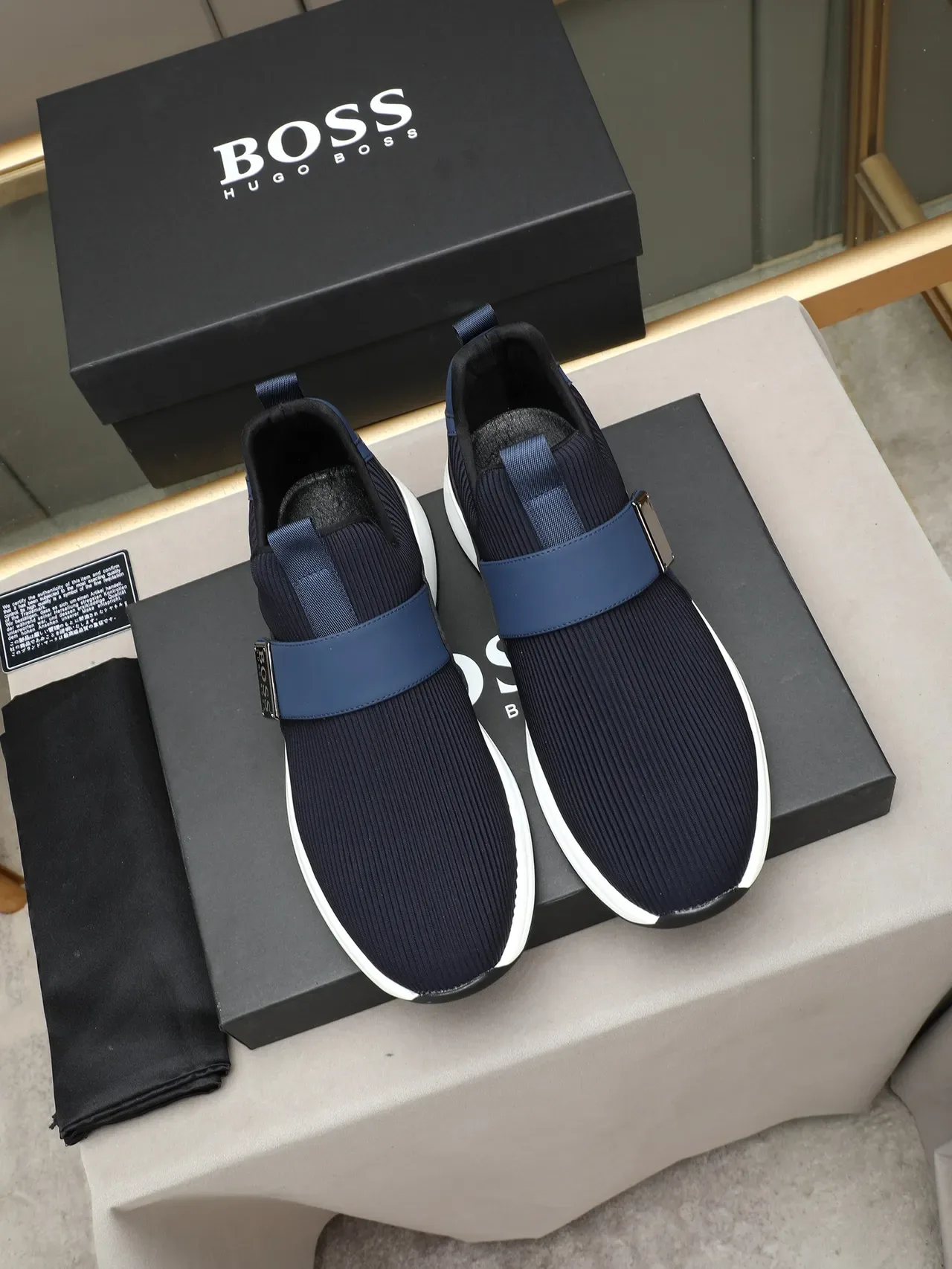 Hugo Boss Navy White Slip-On Knit Upper Lifestyle Sneakers 2