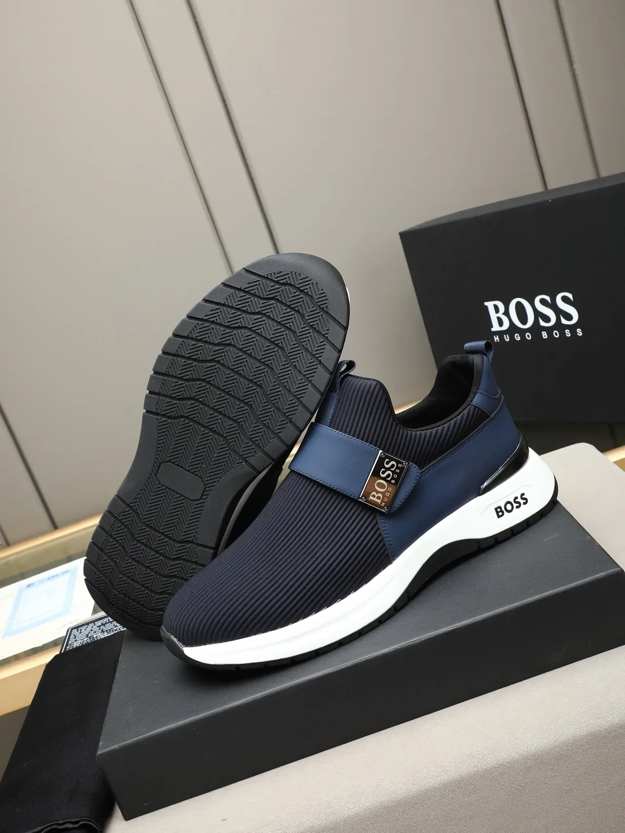 Hugo Boss Navy White Slip-On Knit Upper Lifestyle Sneakers 4